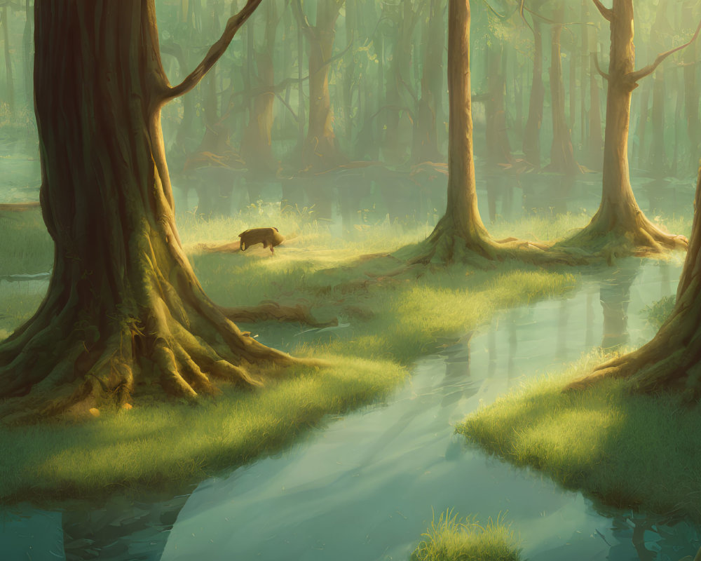 Tranquil forest landscape with sunlight, stream, and wild boar