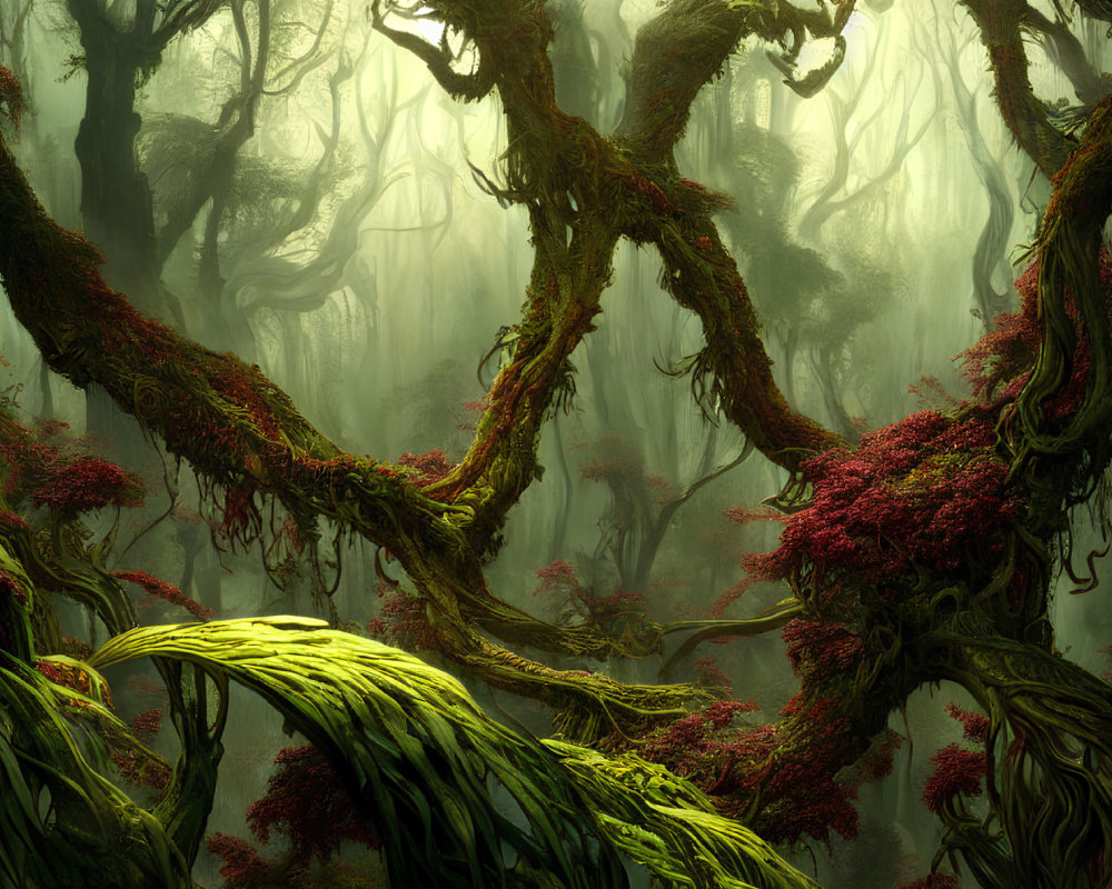 Moss-covered trees and red flora in misty forest landscape