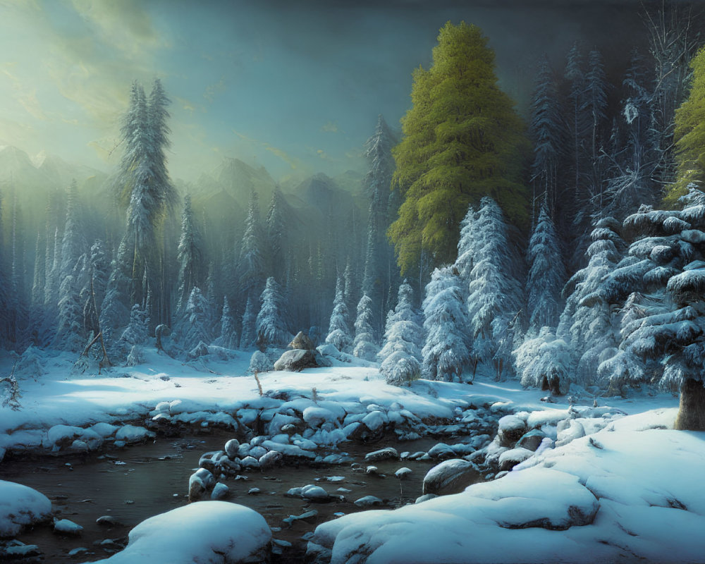 Snowy Forest with Tranquil Stream and Sunlit Trees