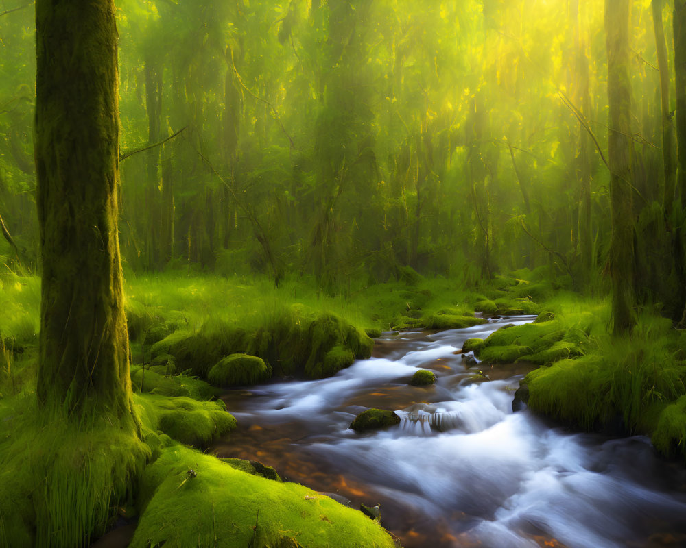 Lush forest scene with moss-covered trees and flowing stream