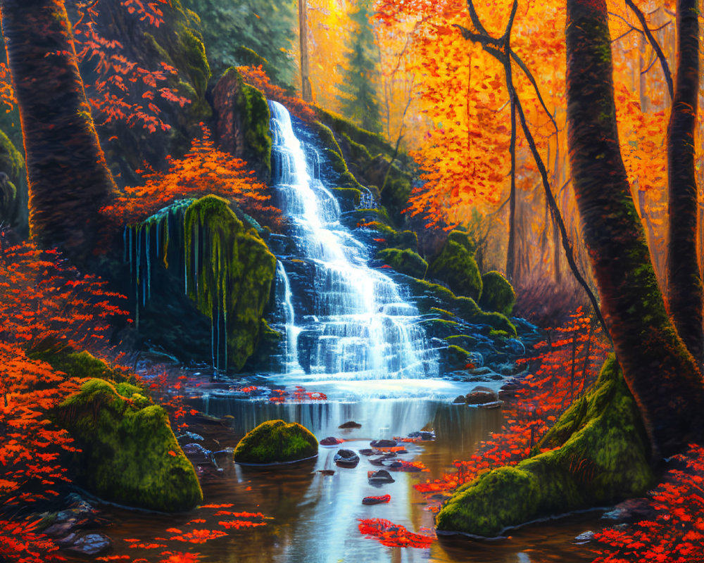 Autumn forest waterfall with moss-covered rocks & orange leaves