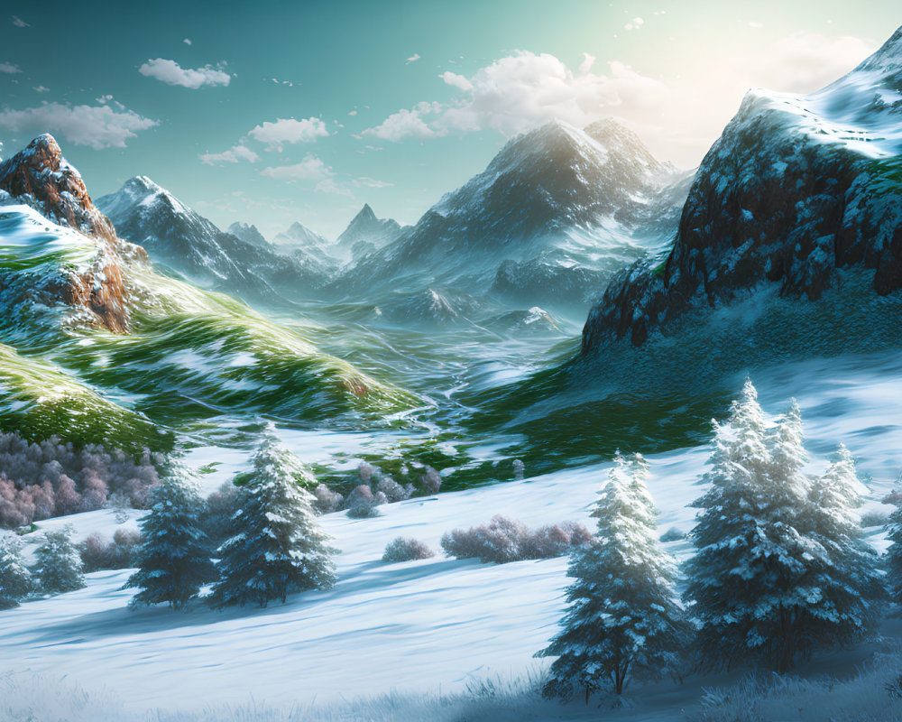 Winter landscape with snow-covered trees transitioning to grassy terrain and sunlit mountains under blue sky