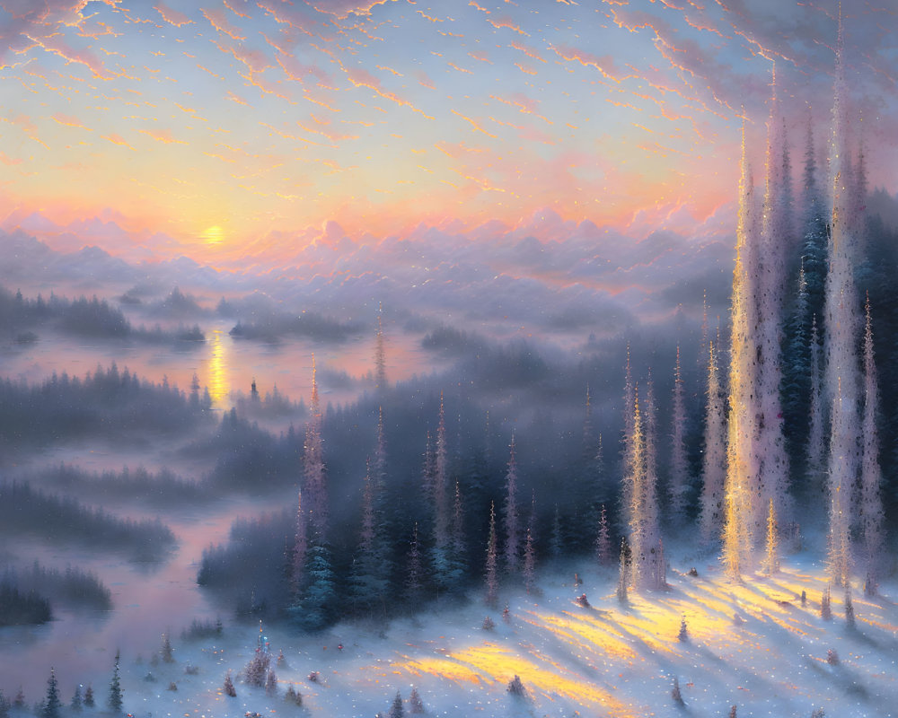 Snow-covered pine trees in serene winter sunrise landscape