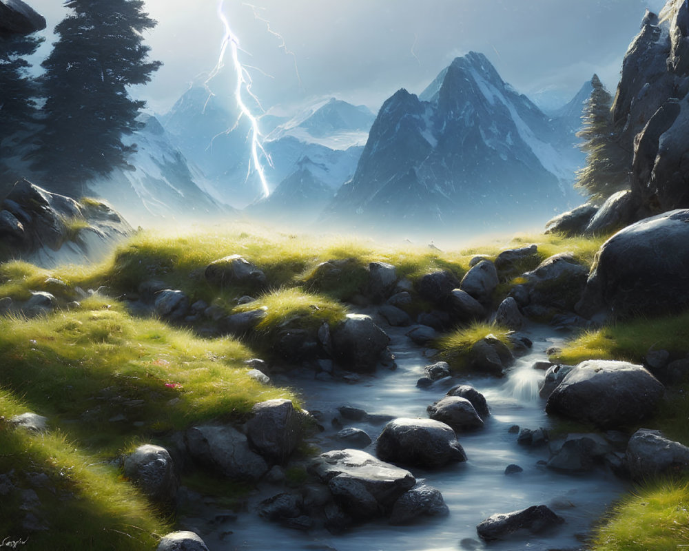 Mountainous landscape with stream, grass field, rocky terrain, snowy peaks, lightning bolt.