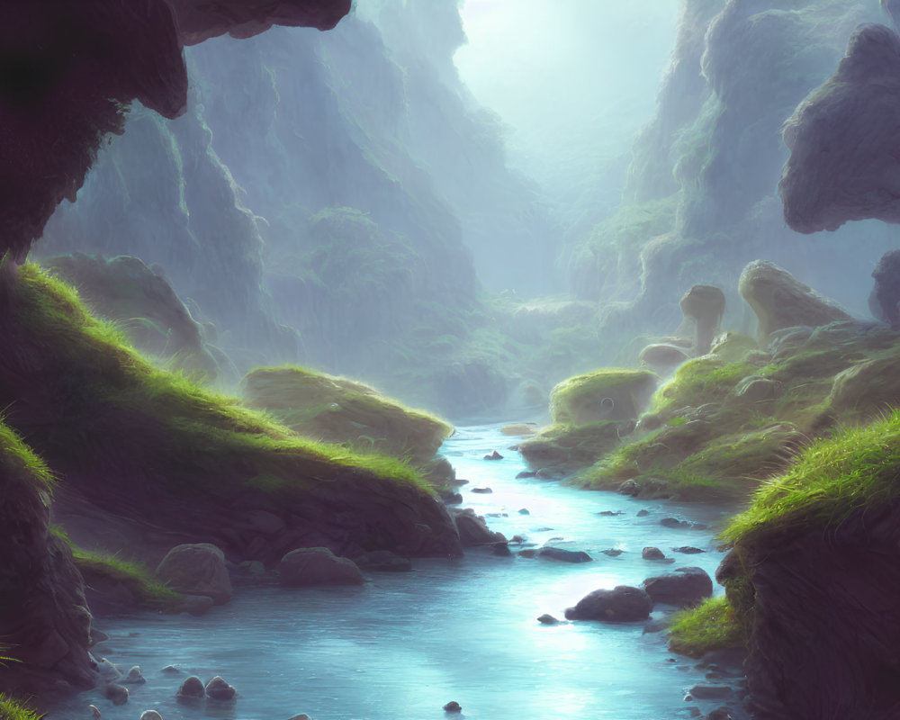 Luminous river in lush grass canyon with sunlight mist.