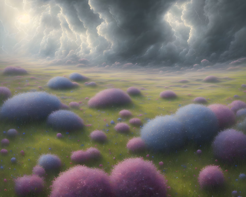 Fantastical landscape with fluffy purple bushes under dramatic sky