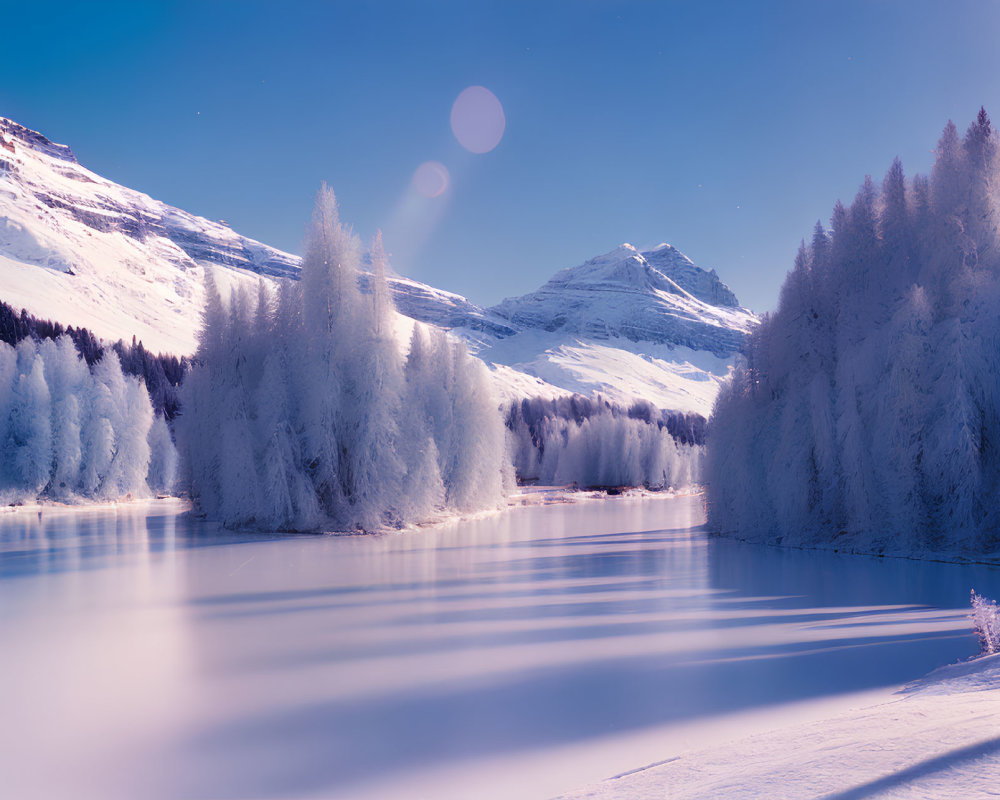 Snowy Trees, Frozen Lake, and Mountains in Winter Scene