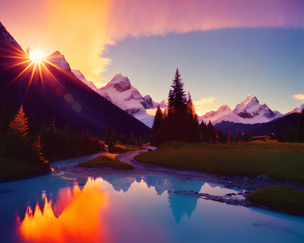 Scenic sunset over snow-capped mountains and river.