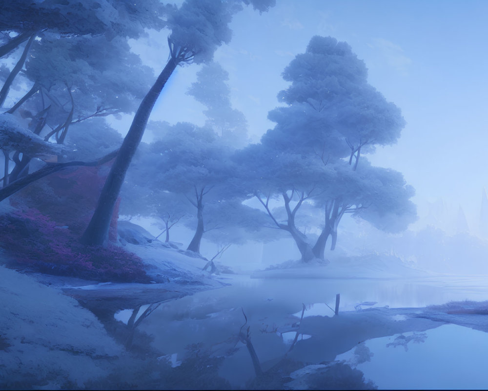 Tranquil blue forest with mist, reflected trees, and pink undergrowth