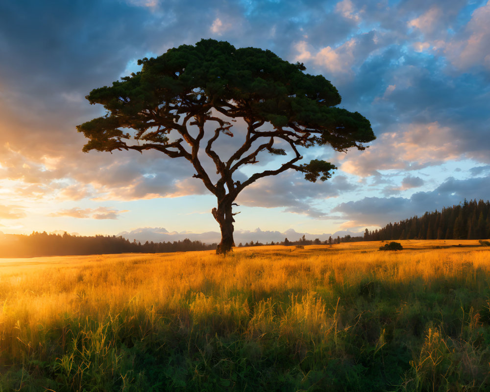 Solitary tree in golden field at sunrise with dramatic sky