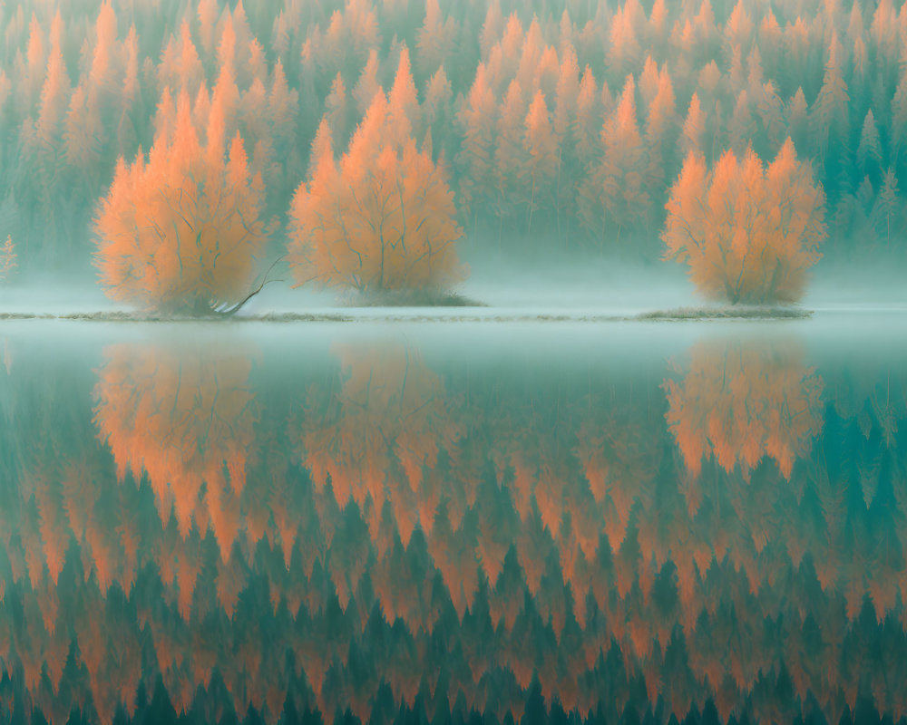 Autumnal trees reflected in misty lake with vibrant orange leaves