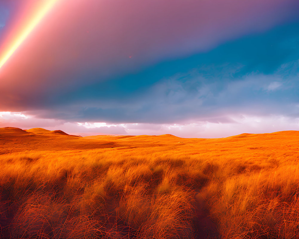 Dramatic sky with vivid orange grassland and bright light streak