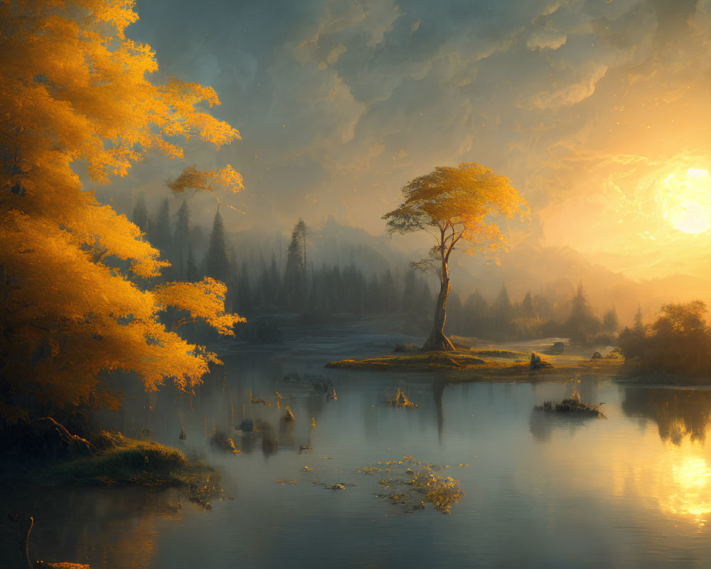 Tranquil autumn sunrise with golden trees, misty hills, and vibrant sun