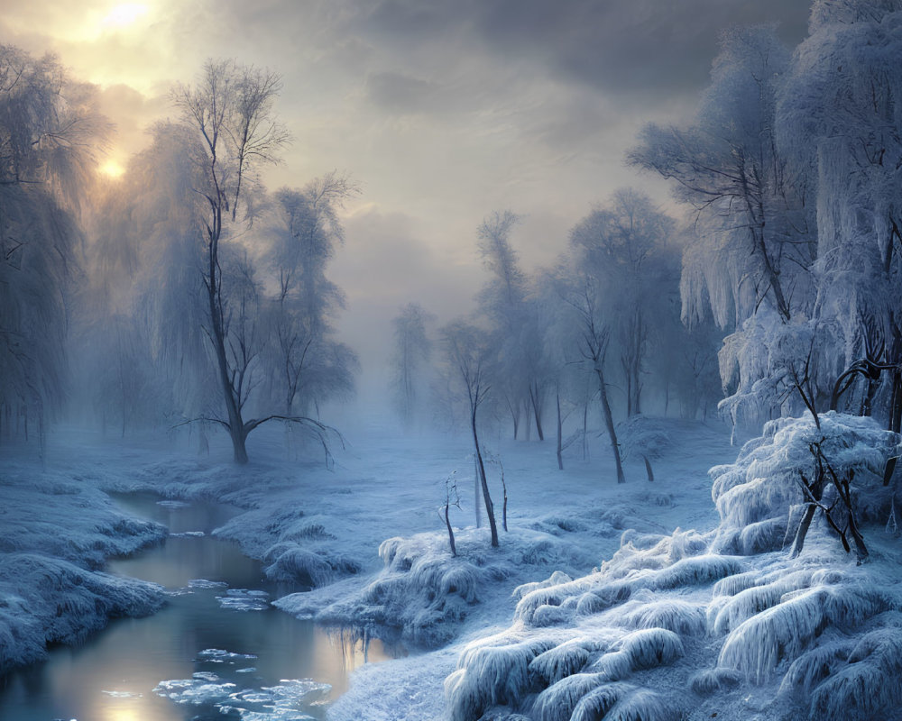 Snow-covered trees and gentle stream in serene winter landscape