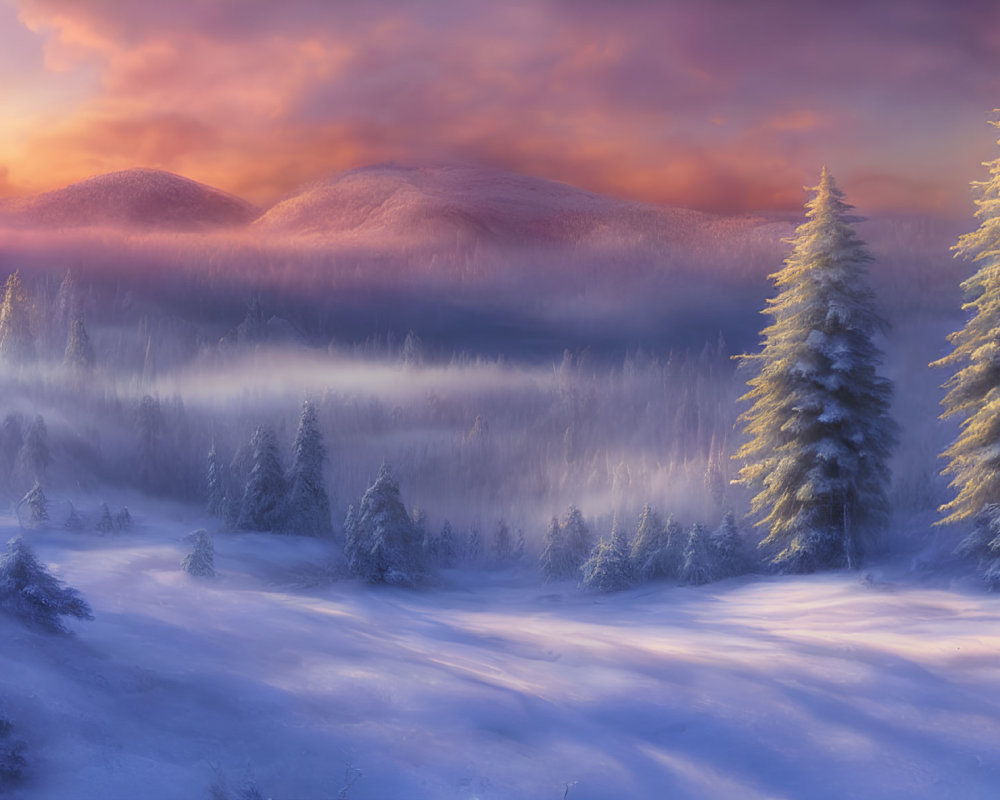 Snow-covered hills and forest in serene winter sunset scene