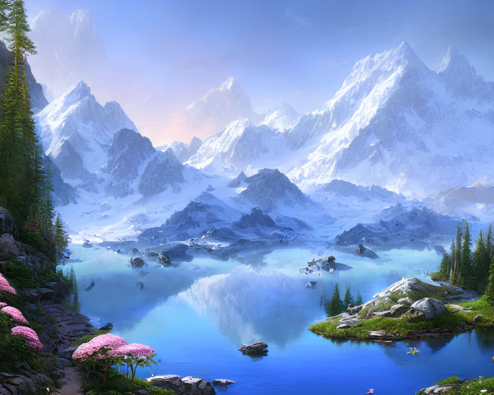 Snow-capped mountains, clear lake, lush greenery, pink flowers under blue sky