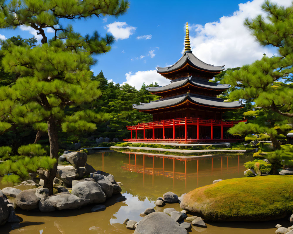 Serene Japanese Garden with Multi-Tiered Pagoda and Pond