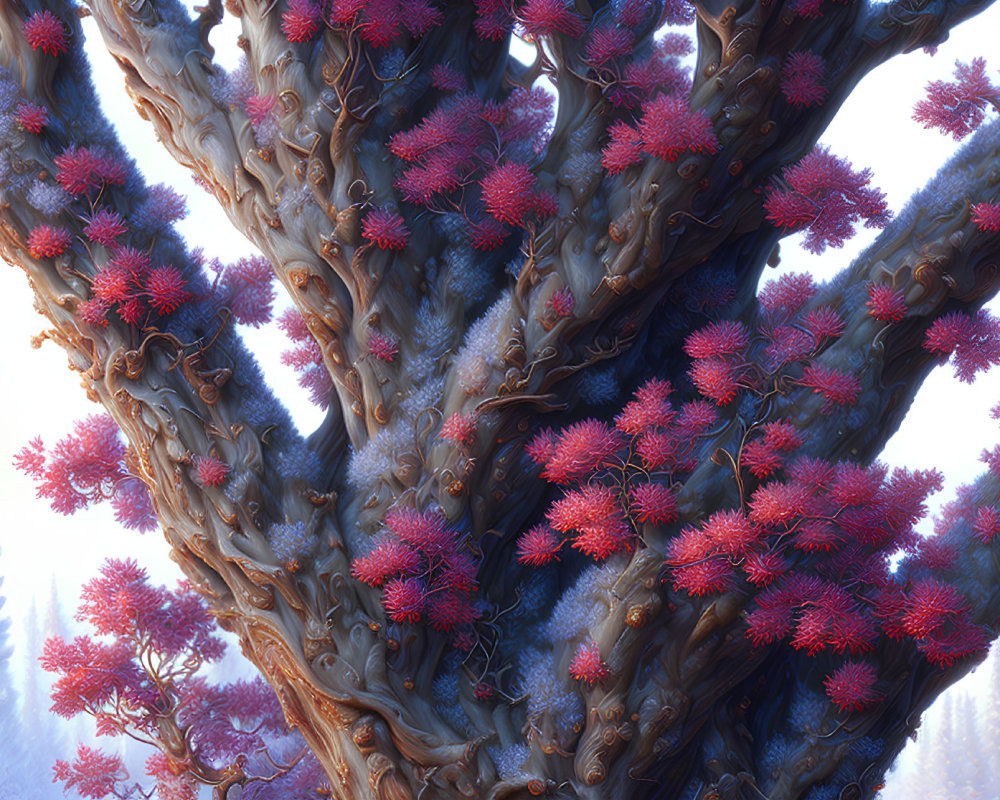 Fantastical brown branches with red coral-like growths in misty woodland