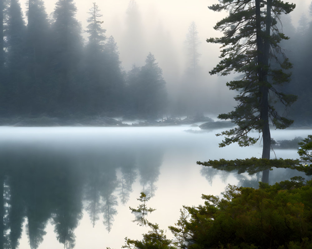 Tranquil misty lake with reflected trees in morning fog