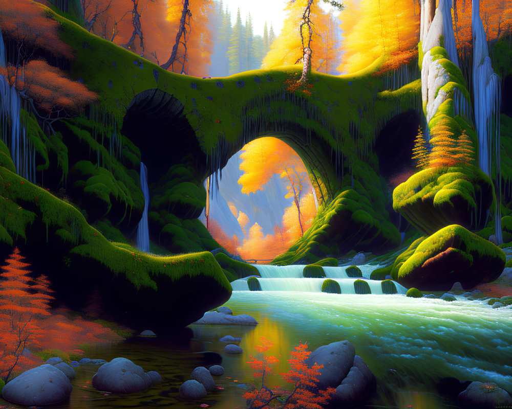 Vivid orange sunset in a fantastical forest with moss-covered trees and a gentle river