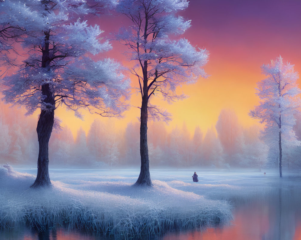 Winter landscape: Frost-covered trees, sunset sky, lone figure by lake