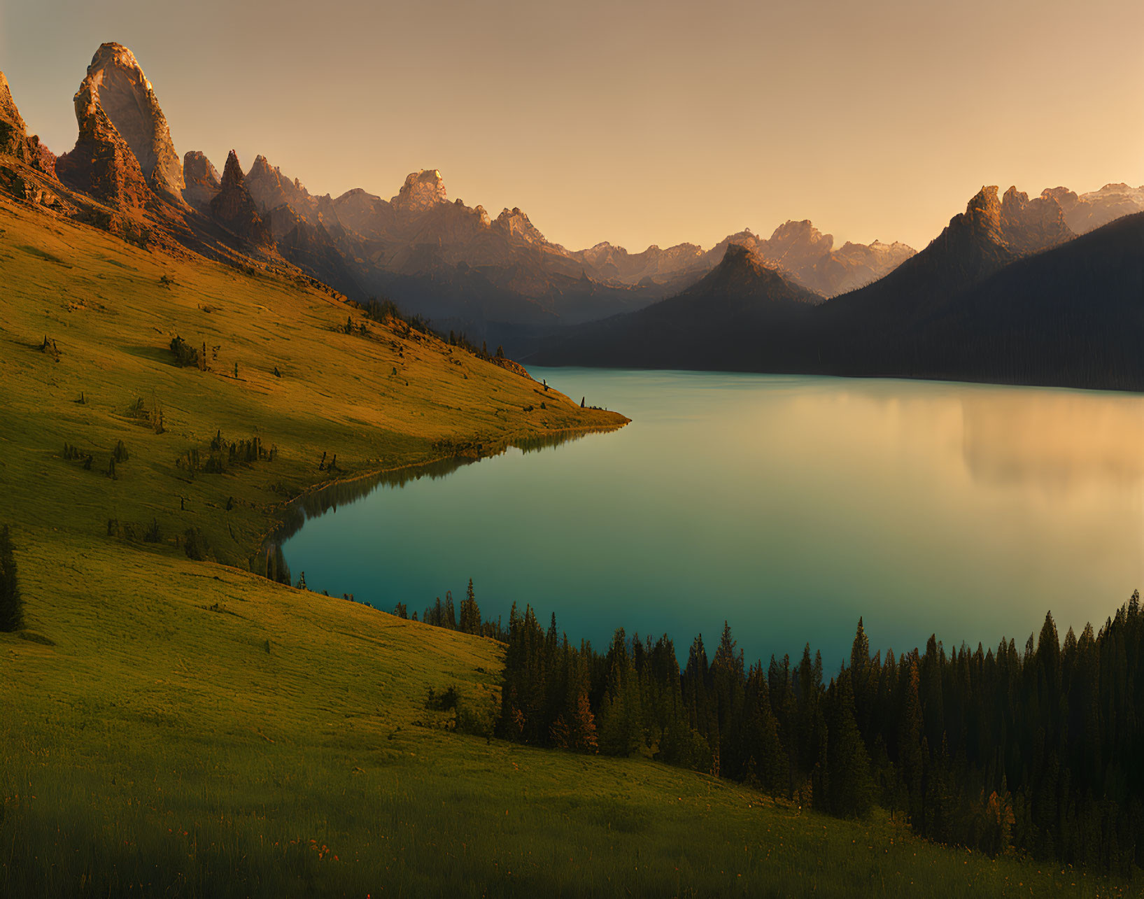 Tranquil Sunrise Landscape with Reflecting Lake & Mountain Peaks