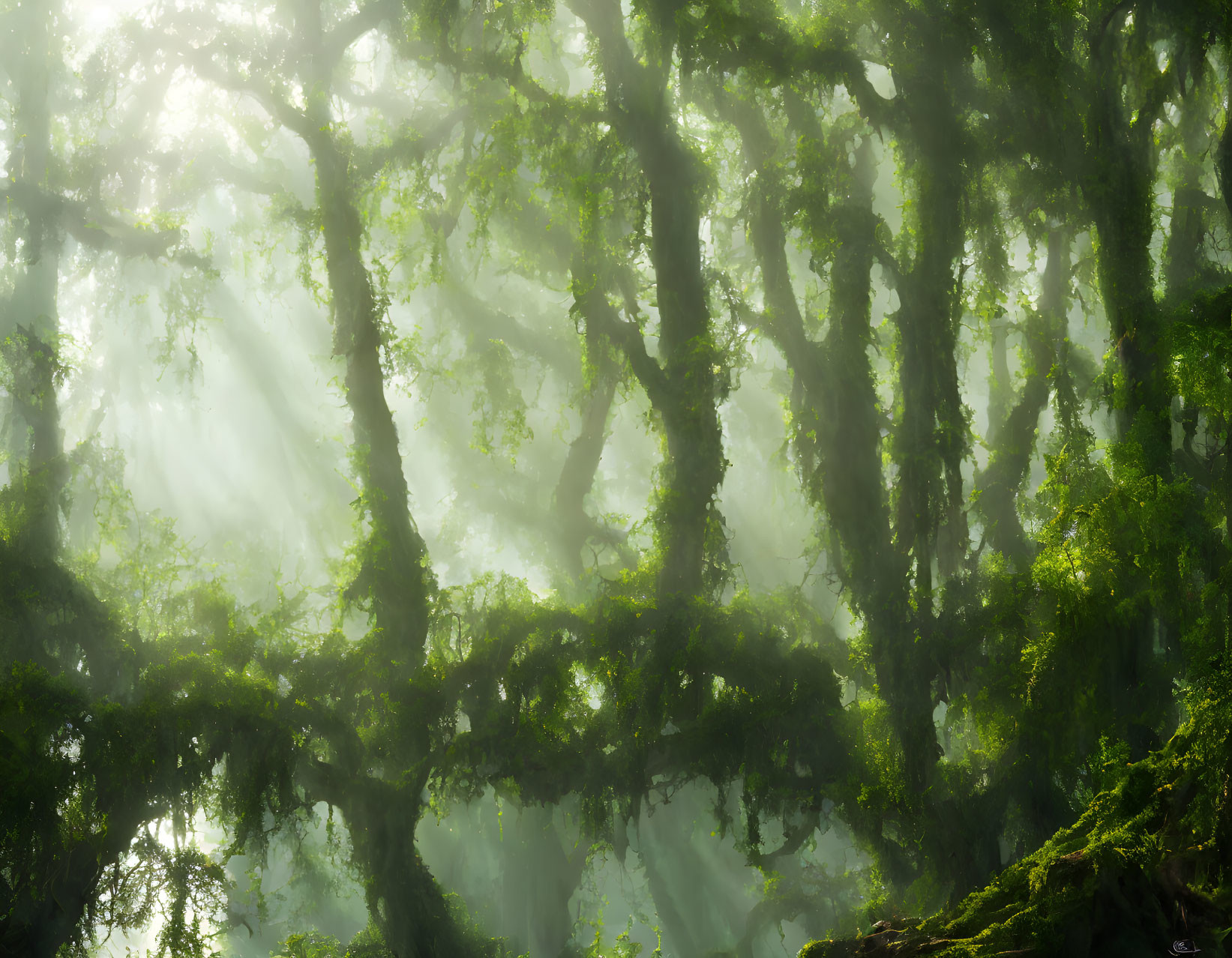 Misty forest with sunlight through moss-covered trees