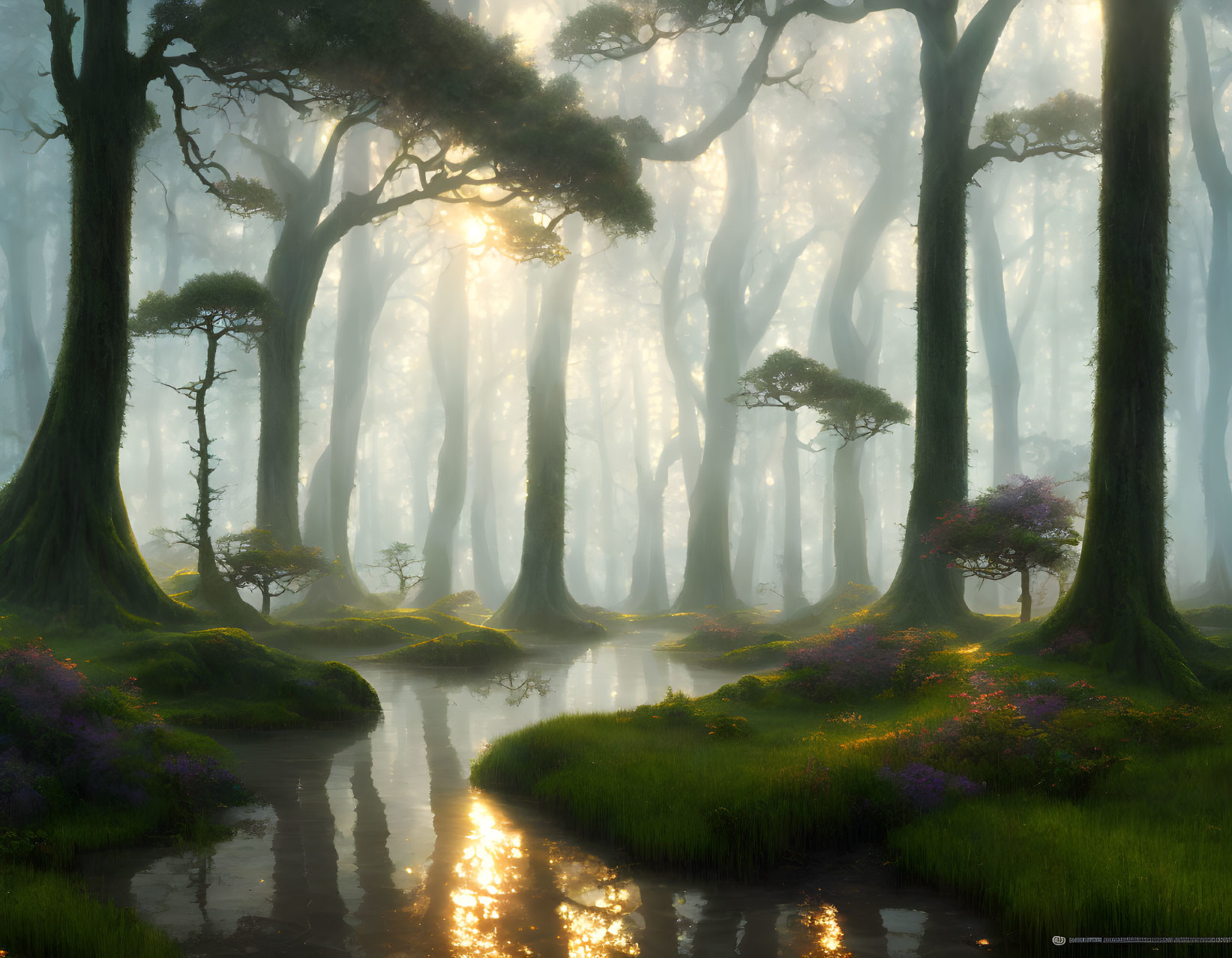 Mystical forest with tall trees, sunlight, stream, and purple flowers