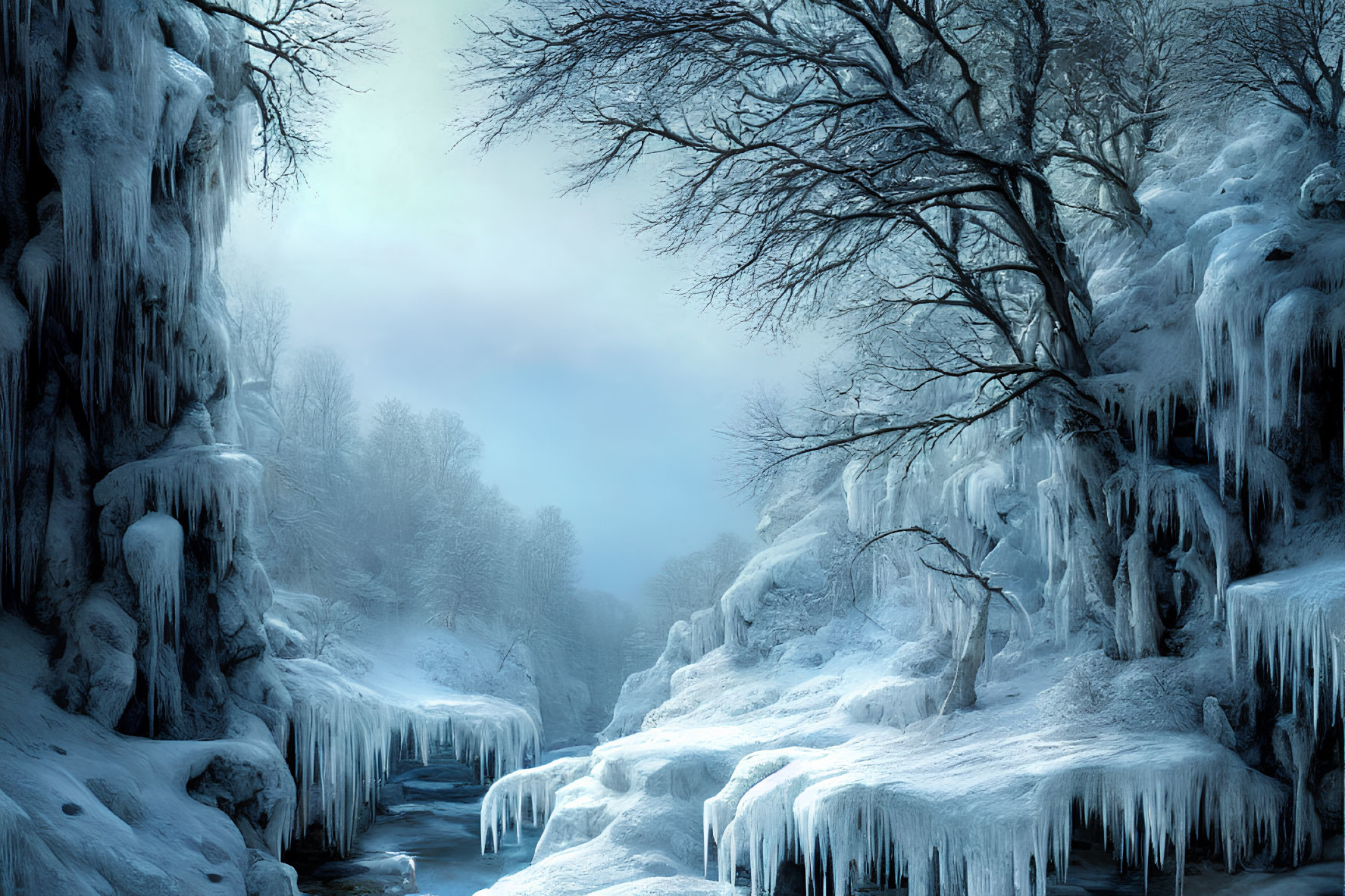 Frozen Waterfall and Icy River in Winter Landscape