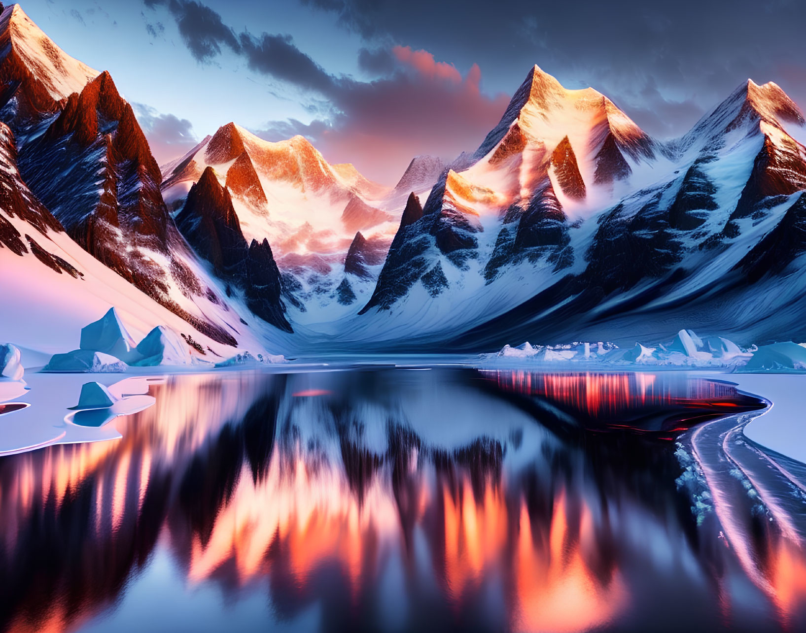 Serene lake with sunset hues, snow-capped peaks, and icebergs.