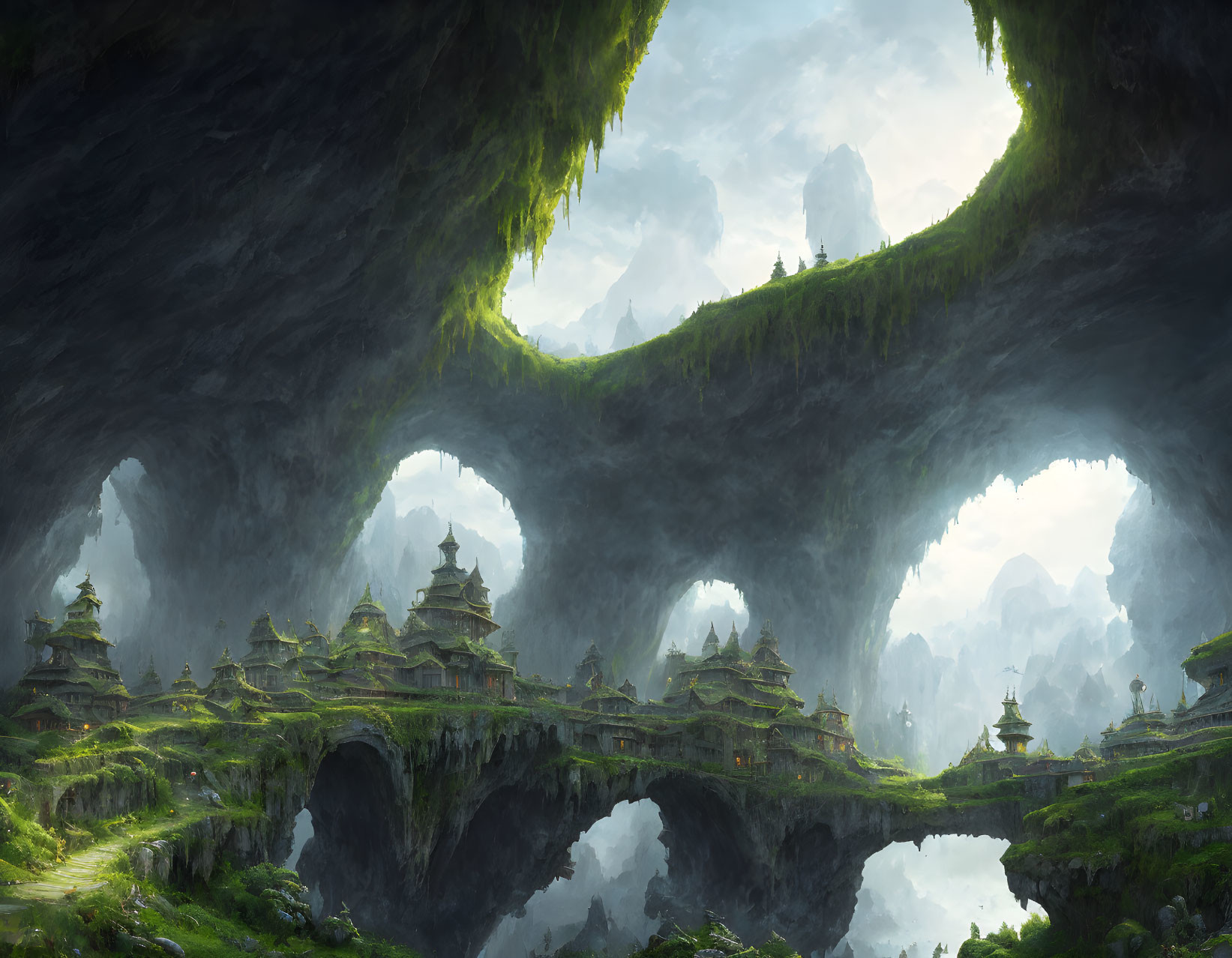 Fantastical landscape with ancient pagoda-style structures in lush greenery