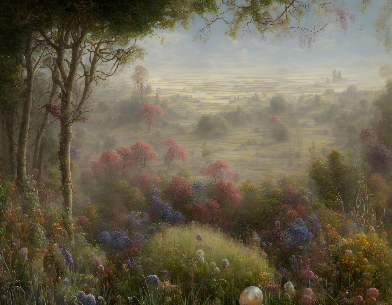 Tranquil dawn landscape with colorful trees, misty fields, and flowers under hazy sky