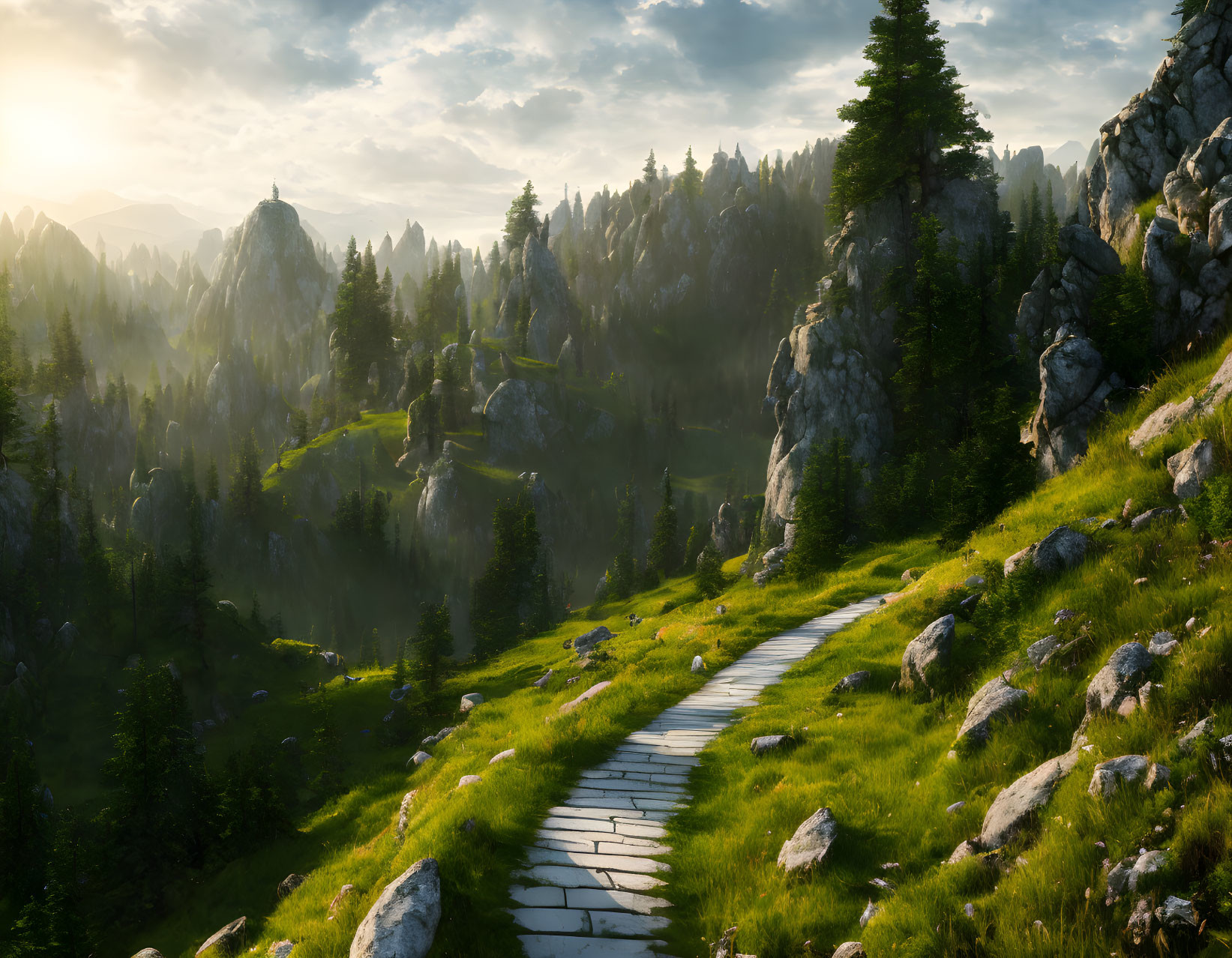 Tranquil Mountain Landscape with Wooden Boardwalk and Greenery