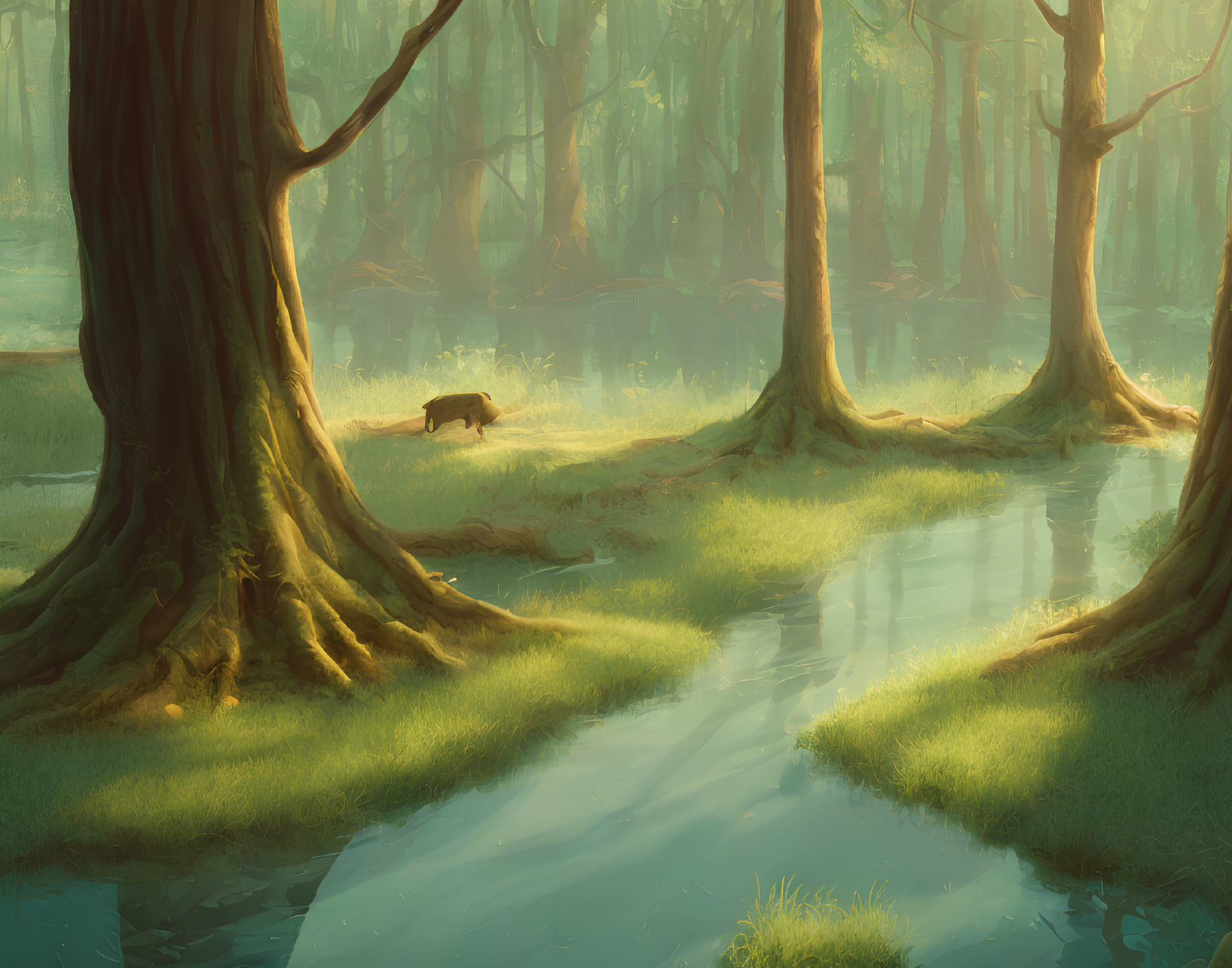 Tranquil forest landscape with sunlight, stream, and wild boar