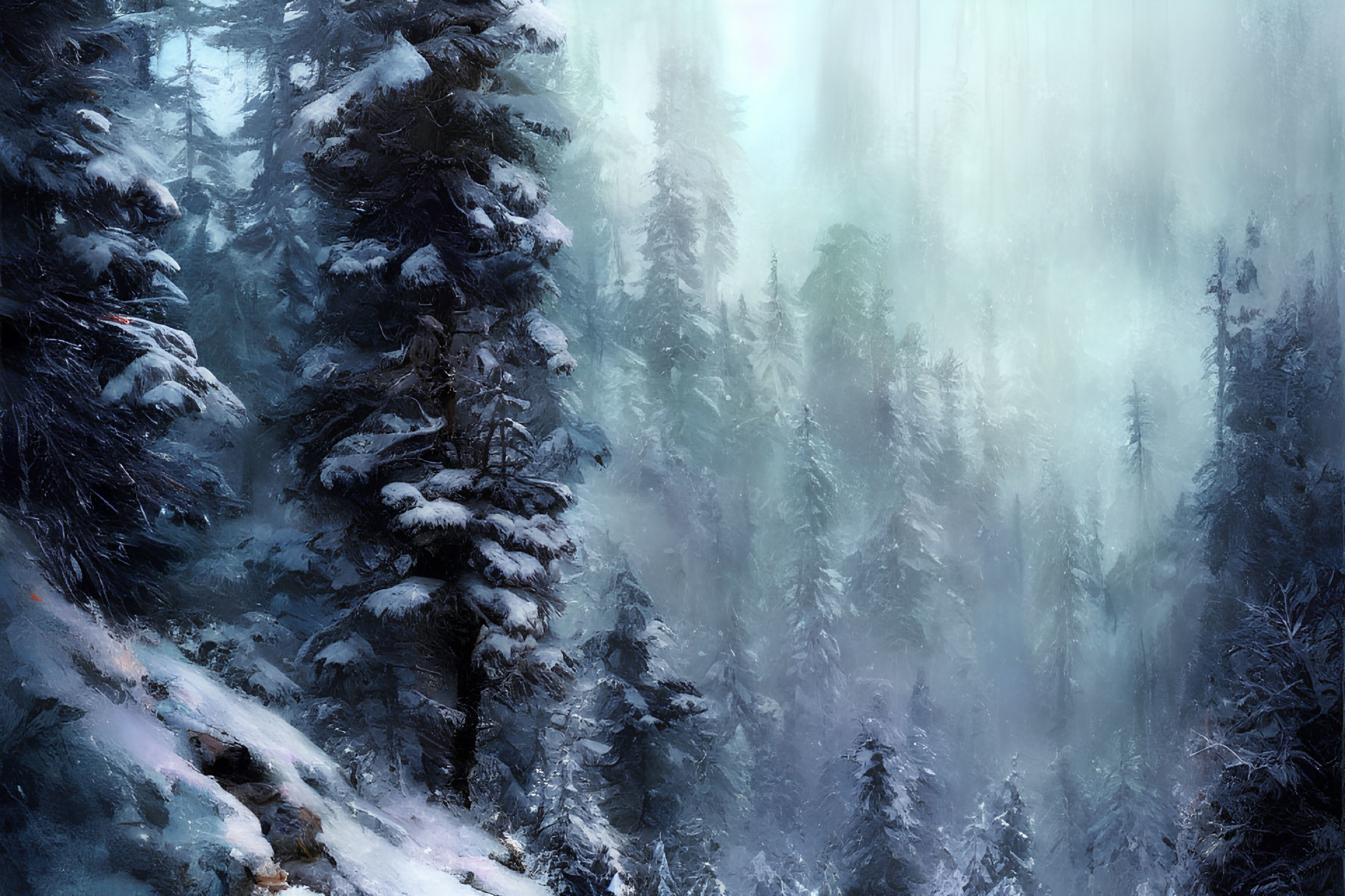 Misty forest scene with snow-covered pine trees