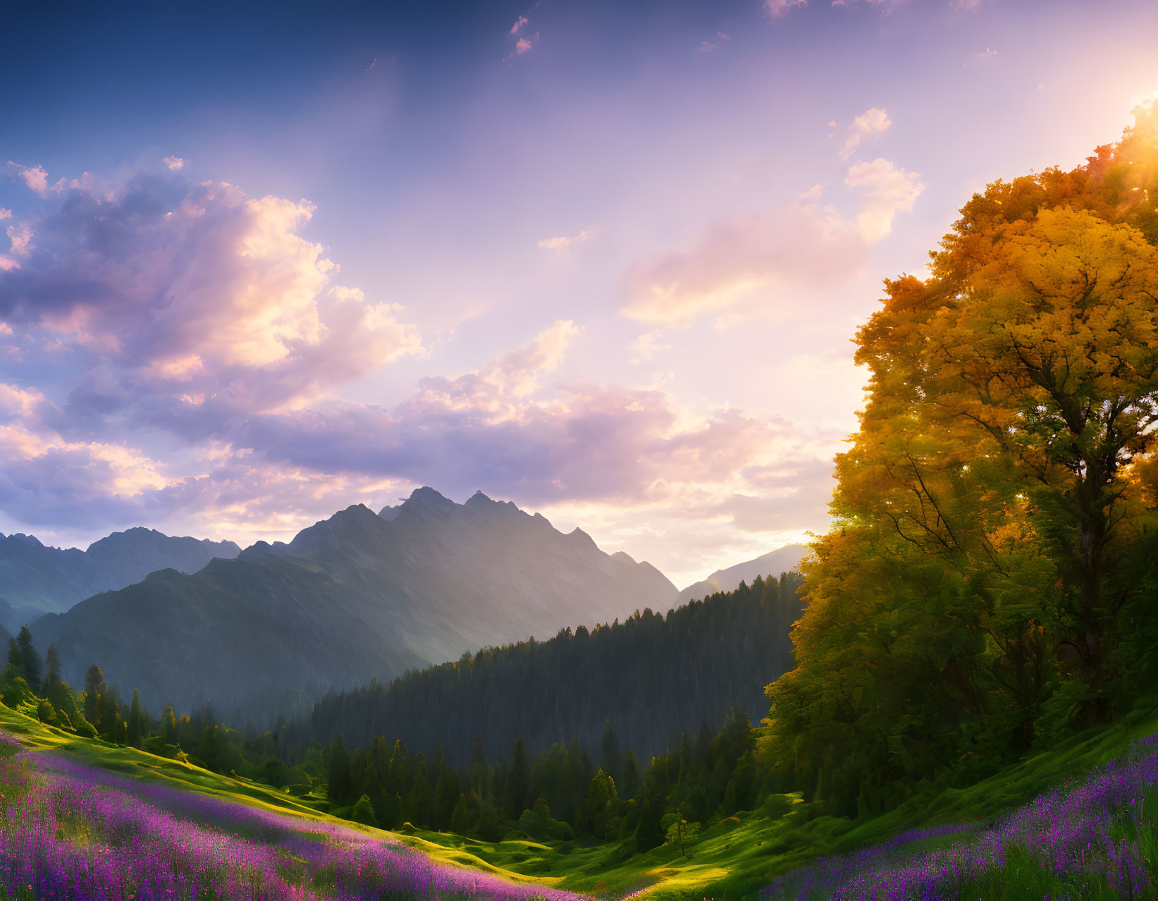 Tranquil sunset mountain landscape with vibrant wildflowers and lush green trees
