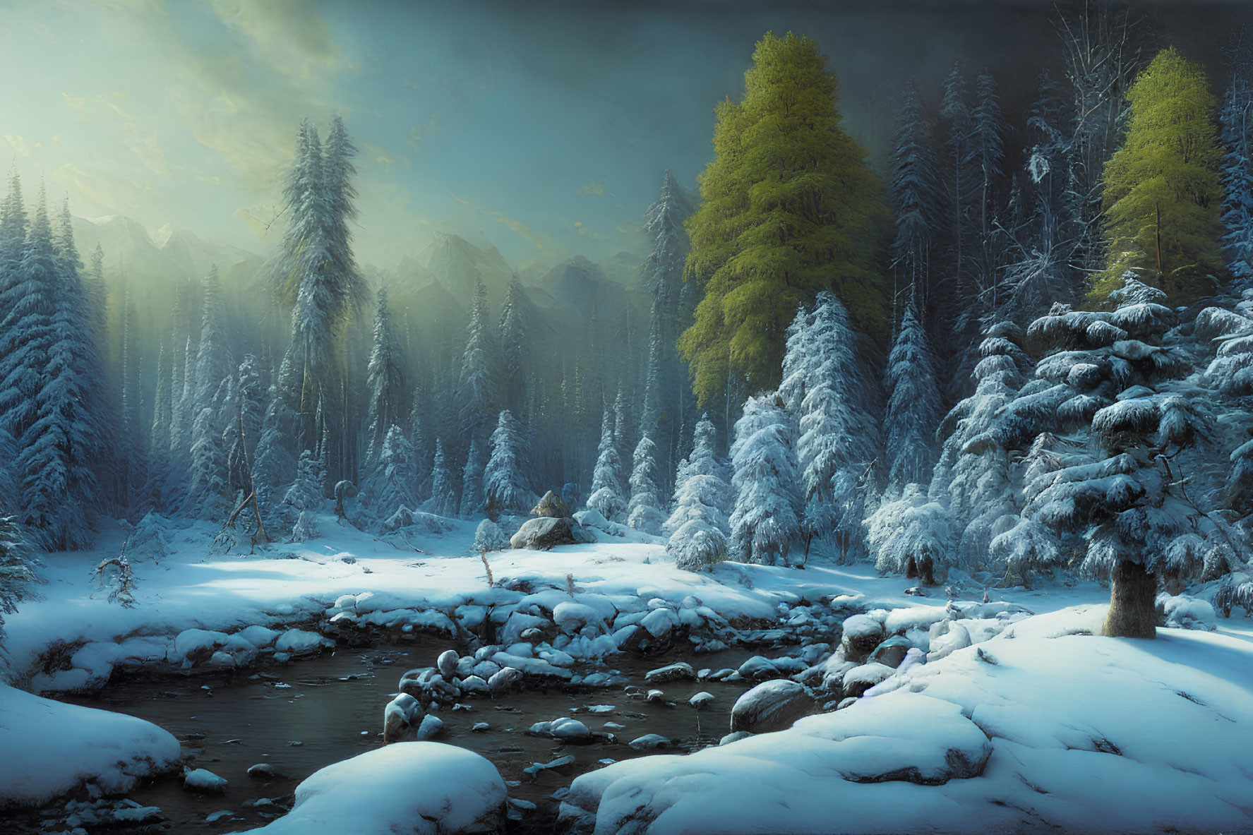 Snowy Forest with Tranquil Stream and Sunlit Trees