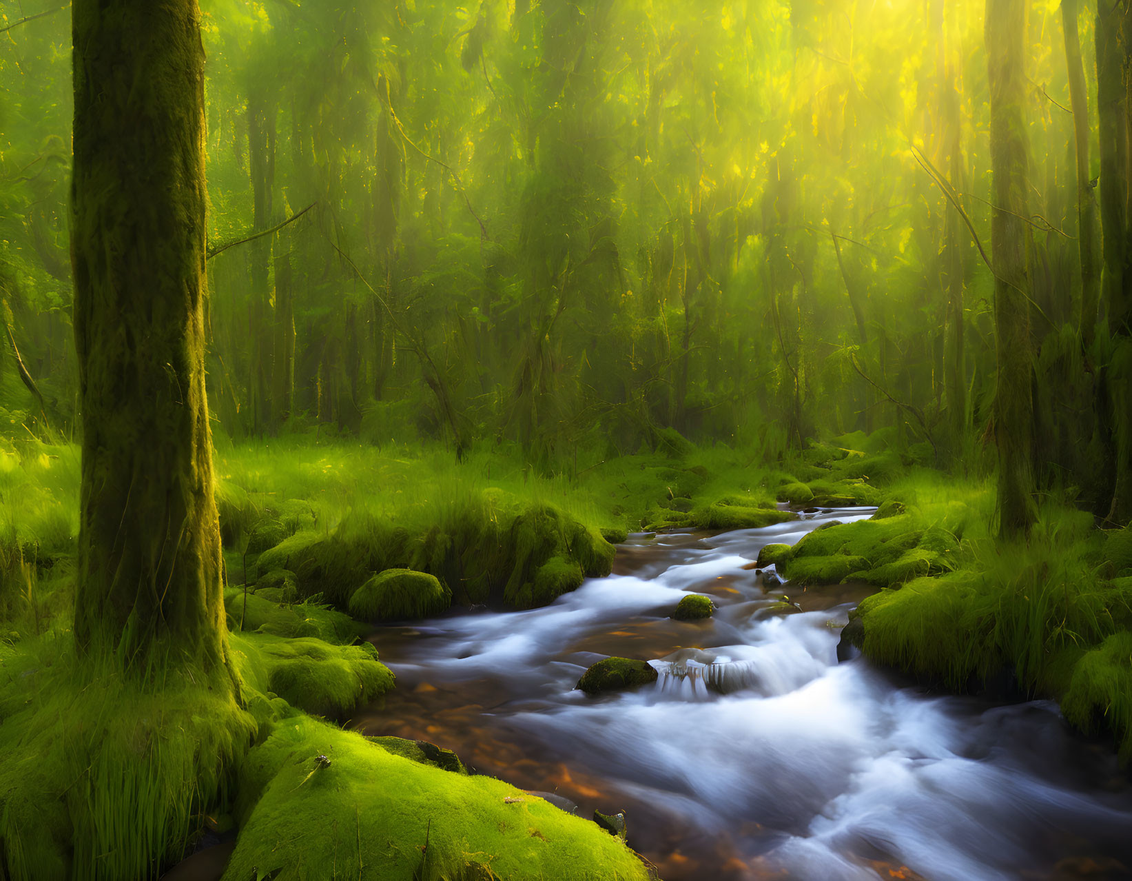 Lush forest scene with moss-covered trees and flowing stream