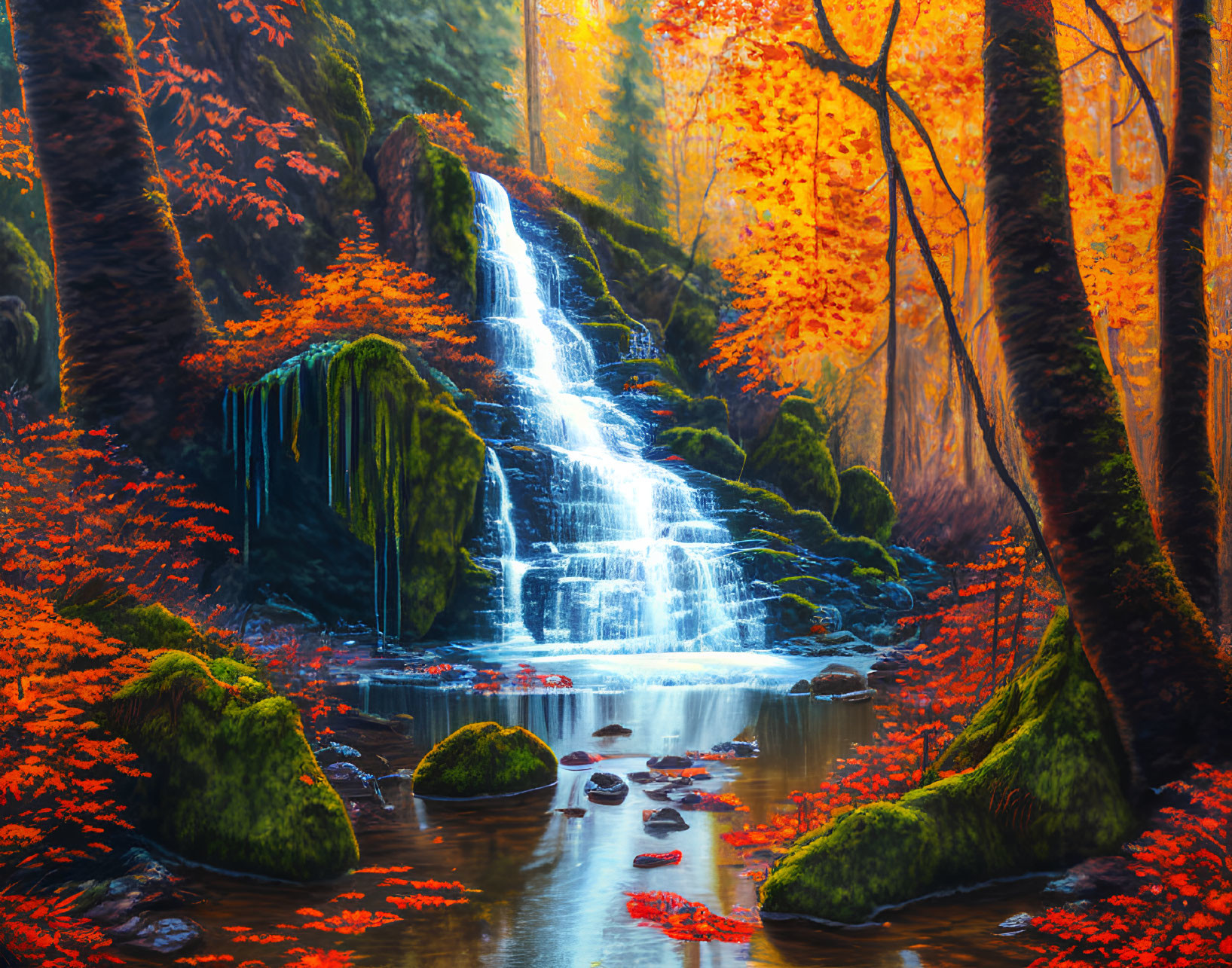 Autumn forest waterfall with moss-covered rocks & orange leaves