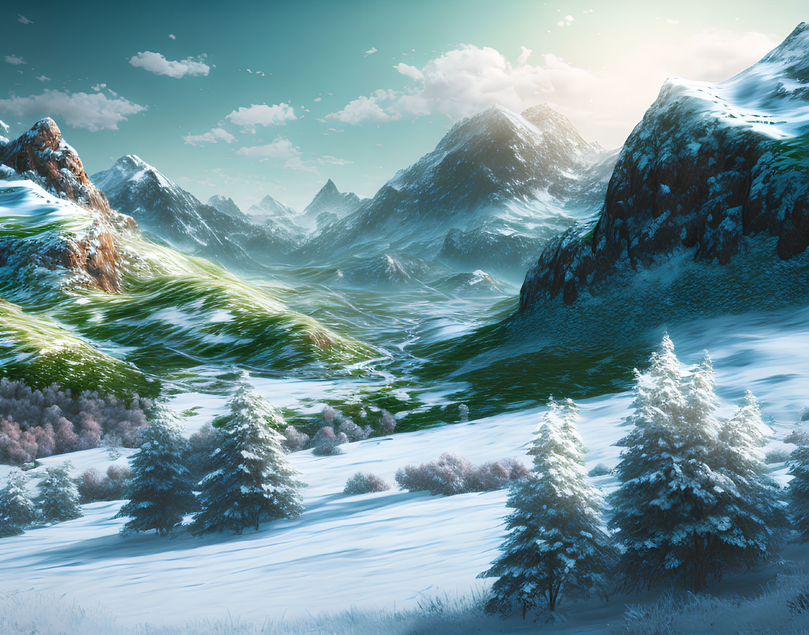 Winter landscape with snow-covered trees transitioning to grassy terrain and sunlit mountains under blue sky