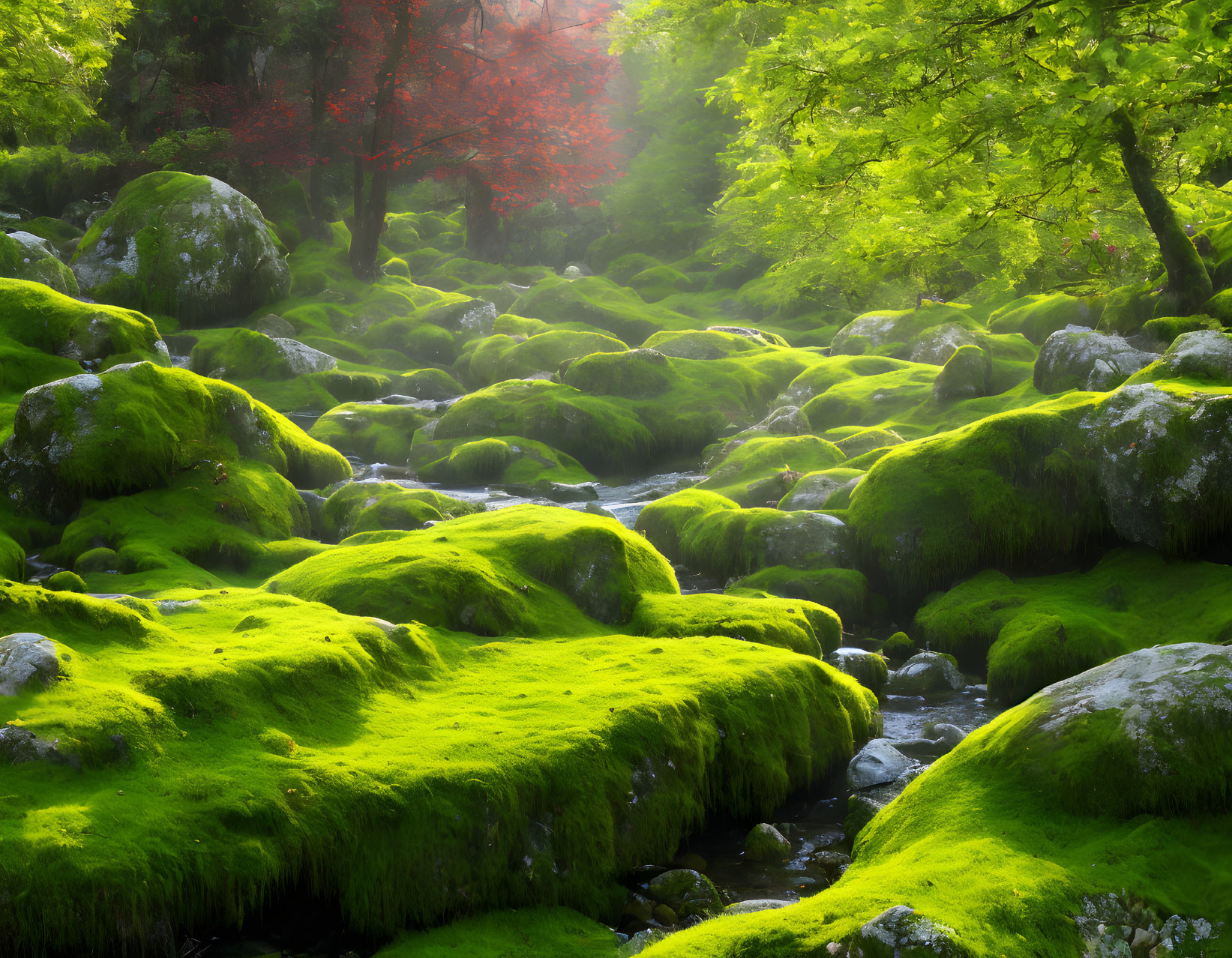 Lush forest scene with vibrant green moss, rocks, stream, and red tree