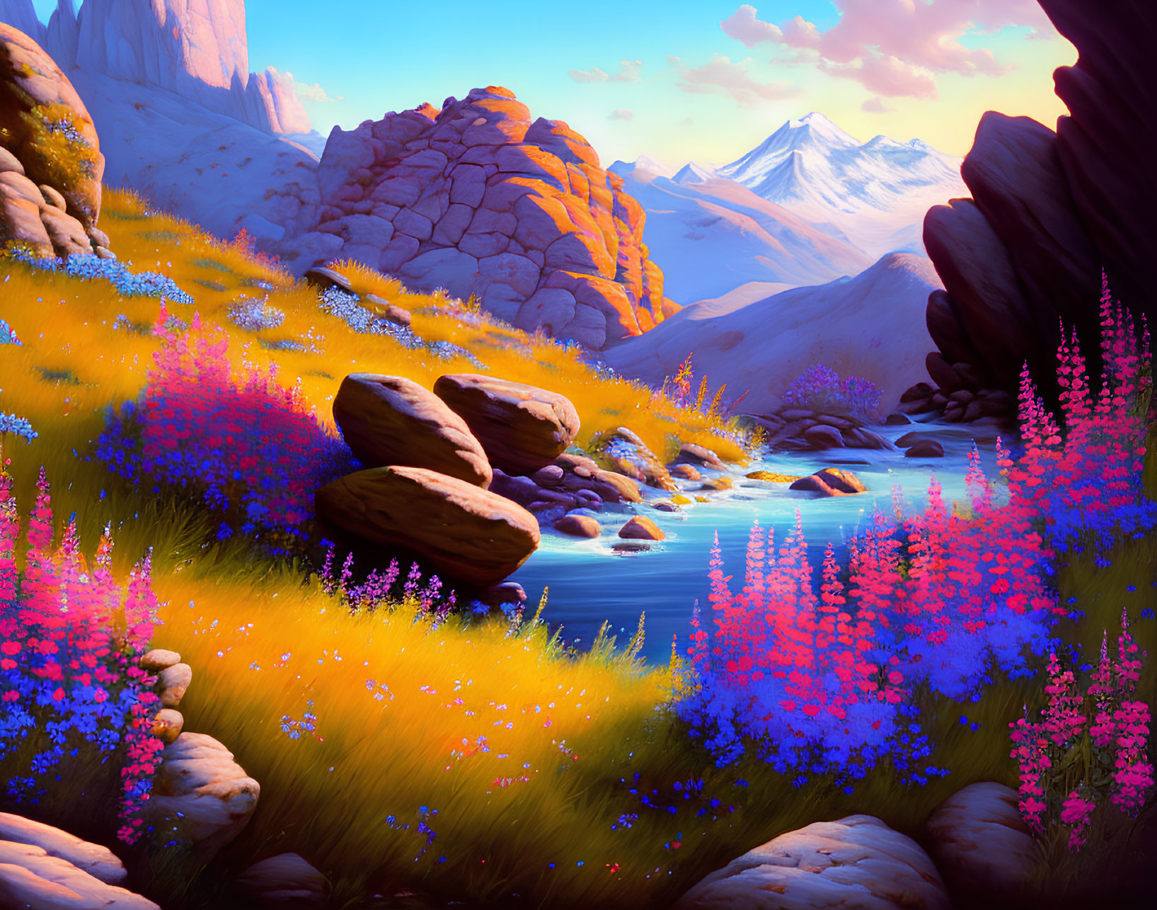 Scenic landscape with river, wildflowers, mountains