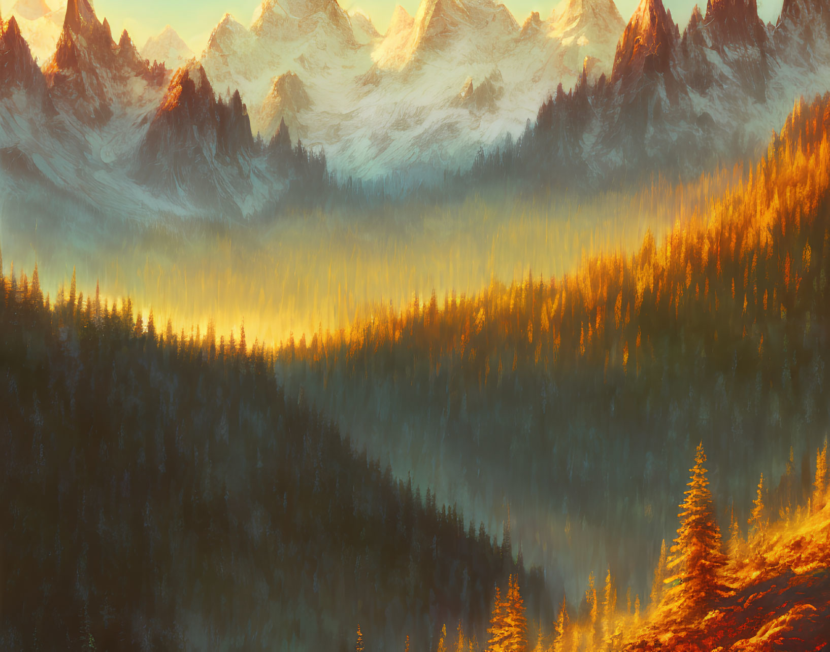 Golden sunlight illuminates serene mountain range with dense forest and misty foothills