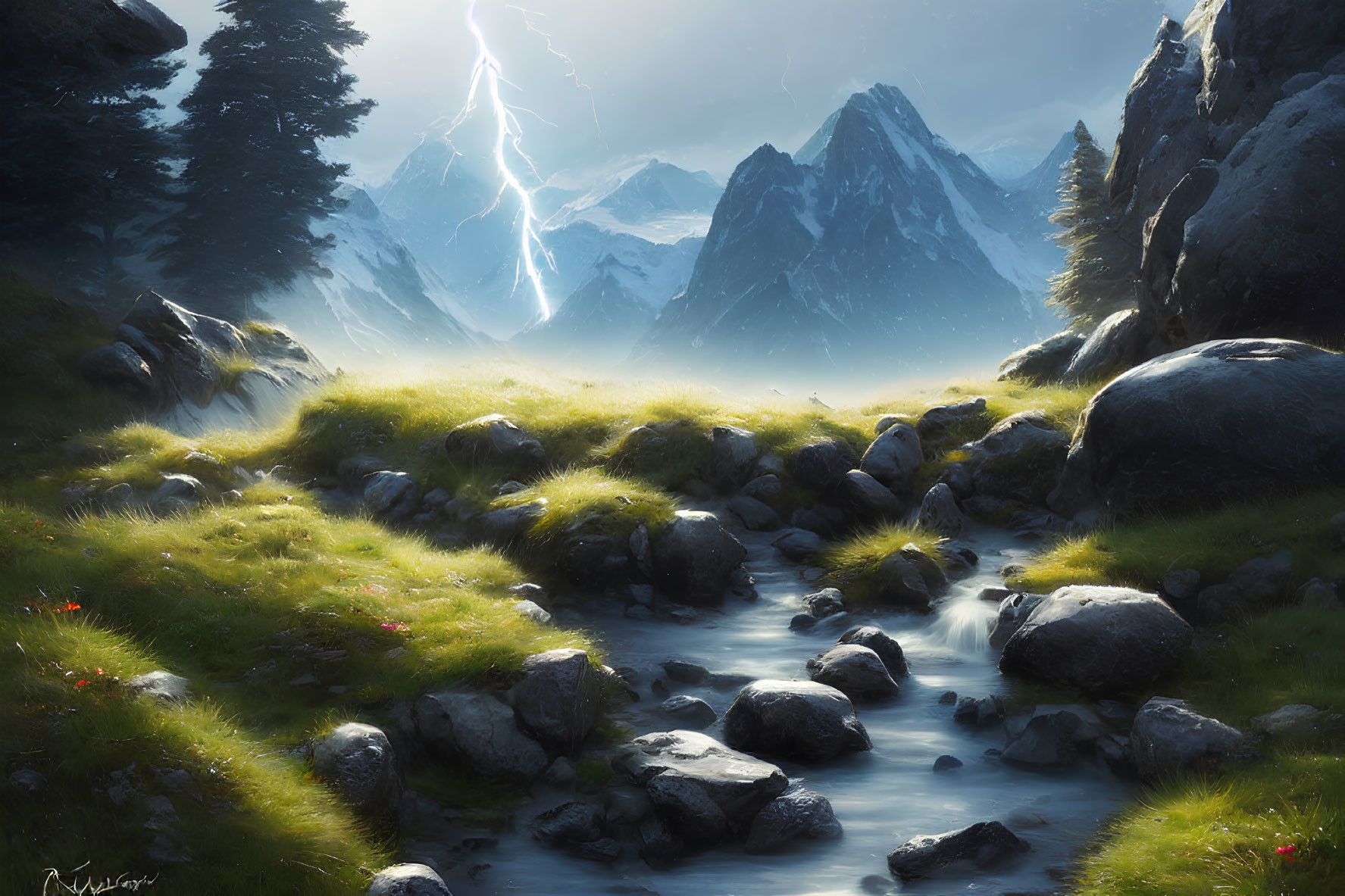 Mountainous landscape with stream, grass field, rocky terrain, snowy peaks, lightning bolt.