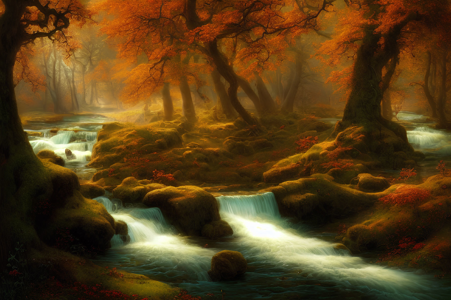 Tranquil Autumn Forest Scene with Stream and Vibrant Foliage