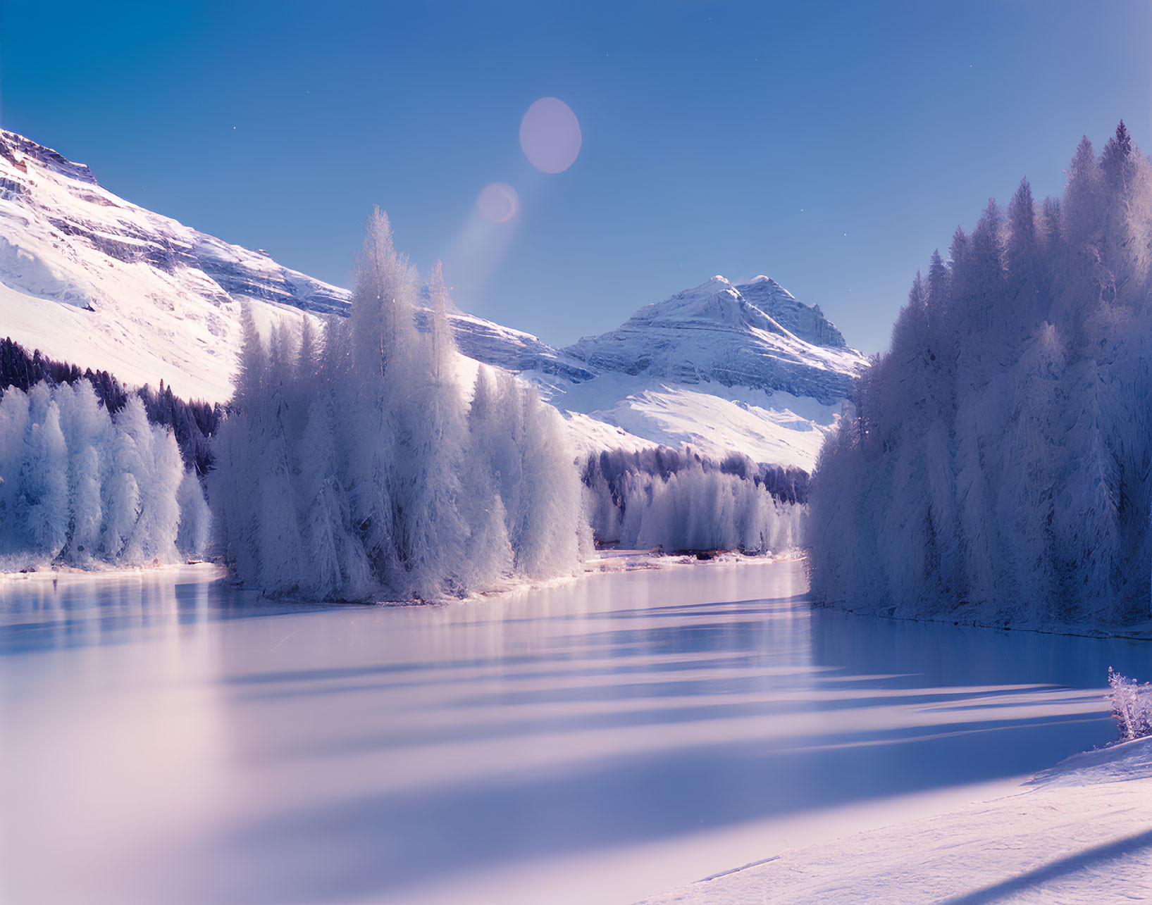 Snowy Trees, Frozen Lake, and Mountains in Winter Scene