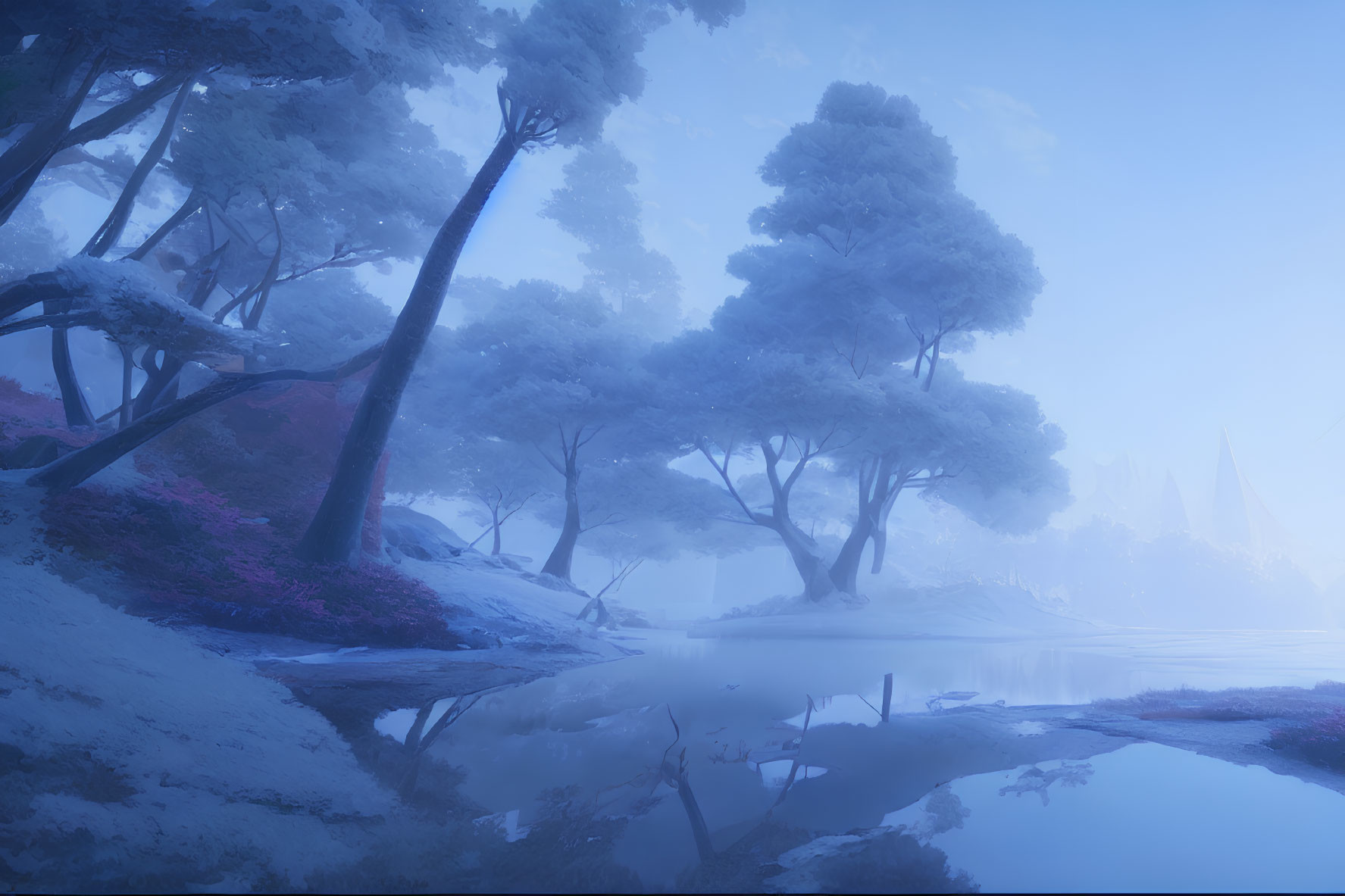 Tranquil blue forest with mist, reflected trees, and pink undergrowth