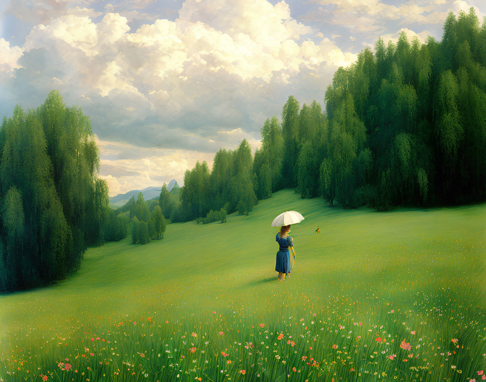 Person with umbrella in green field surrounded by trees under cloudy sky