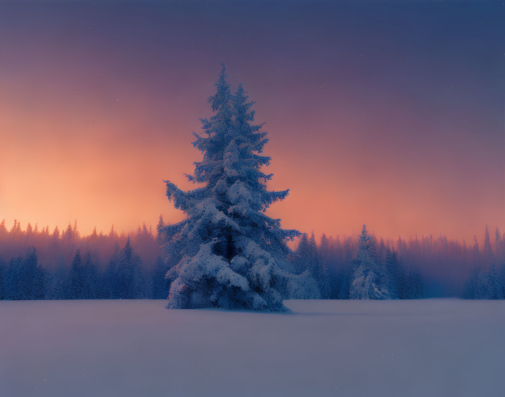 Snow-covered tree in serene winter sunrise forest landscape