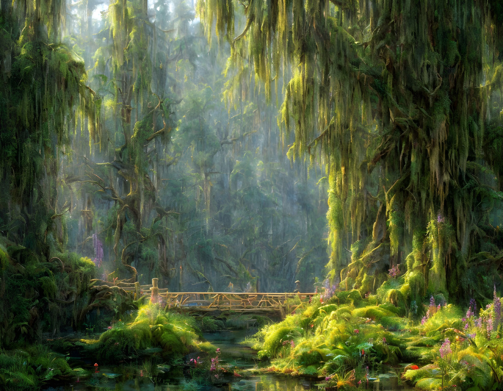 Ethereal forest scene with sunlight, wooden bridge, moss-laden trees